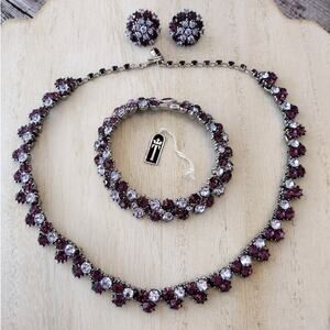 Vintage Trifari Two-Tone Purple Rhinestone Choker Necklace Earrings Bracelet